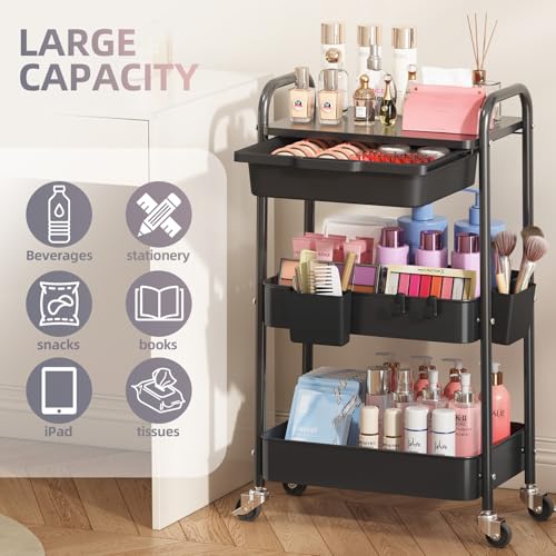 KINGRACK 3 Tier Metal Rolling Cart with Drawer, Black Utility Storage Cart - color: Black