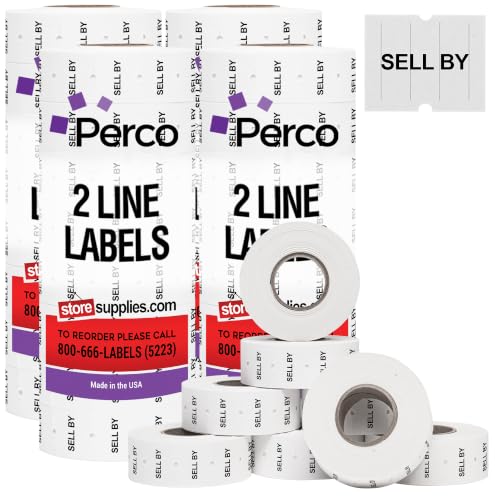 Perco 2 Line Sell BY Labels - 24,000 Blank Date Gun Labels for Perco 2 Line Date Guns - 32 Rolls, 4 Sleeves - Made in USA - size: 4 Sleeves, style: SELL BY