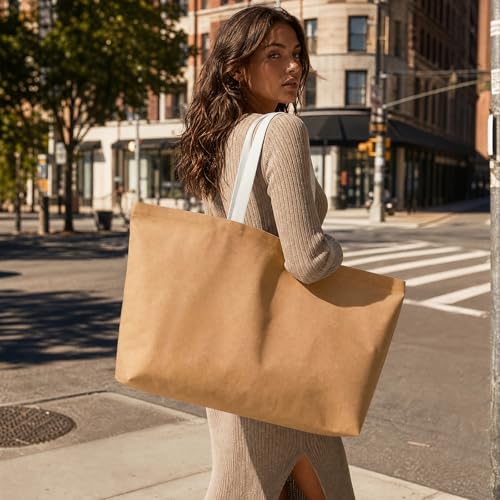 Large Canvas Tote Bag Reusable Extra Big Grocery Bags - color: Brown With Zipper