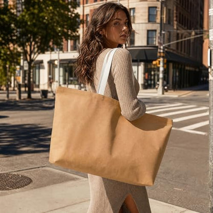Large Canvas Tote Bag Reusable Extra Big Grocery Bags - color: Brown With Zipper
