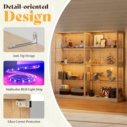 AMERLIFE 75-Inch RGB Display Cabinet with Glass Shelves - color: Wood, size: 75×16×70in