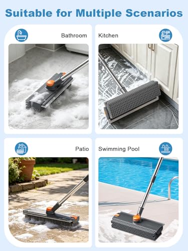 Floor Scrub Brush with Long Handle, 4 in 1 Shower Scrubber with Floor Squeegee and Heavy-Duty Stiff Bristle Push Broom for Cleaning Shower Bathroom Patio Pool Kitchen Wall Deck Tile Garage - color: Gray