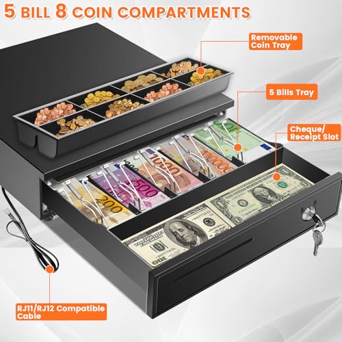16.4" Cash Drawer with Media Slot, POS Cash Register with 5 Bill 8 Coin Slots, RJ11/RJ12 Printer-Driven, 3-Position Key Lock, Heavy-Duty Steel Cash Register for for Small Businesses