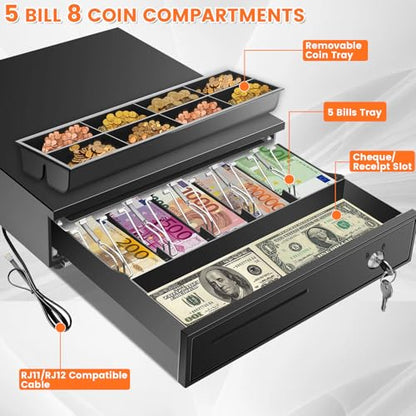 16.4" Cash Drawer with Media Slot, POS Cash Register with 5 Bill 8 Coin Slots, RJ11/RJ12 Printer-Driven, 3-Position Key Lock, Heavy-Duty Steel Cash Register for for Small Businesses