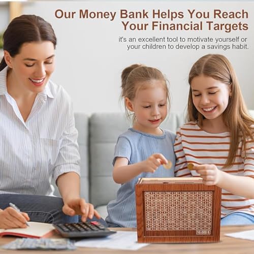 Cash Vault Wooden Savings Box,$10000 Wooden Cash Saver Money Box, Cash Saver Box, Coin Counter Piggy Bank, Money Box with Counter, Wooden Money Box with Money Target and Numbers (Dark Brown) - color: Wood