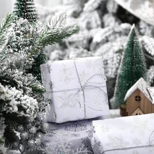 WRAPAHOLIC 3D Kraft Christmas Wrapping Paper Roll - Mini Roll - 17 Inch x 16.5 Feet - Silver and White Snowflake Wrapping Paper with Embossed Perfect for Christmas, Holiday, Party Celebration - color: Christmas Snowflakes - White & Silver, size: 17 inch x