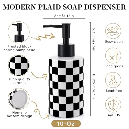 Soap Dispenser with Matte Black Pump, Ceramic Soap Dispenser Bathroom, Checkerboard Dish Soap Lotion Dispenser for Kitchen Sink, Black & White Plaid Refillable Liquid Hand Soap Bottle - color: Black & White