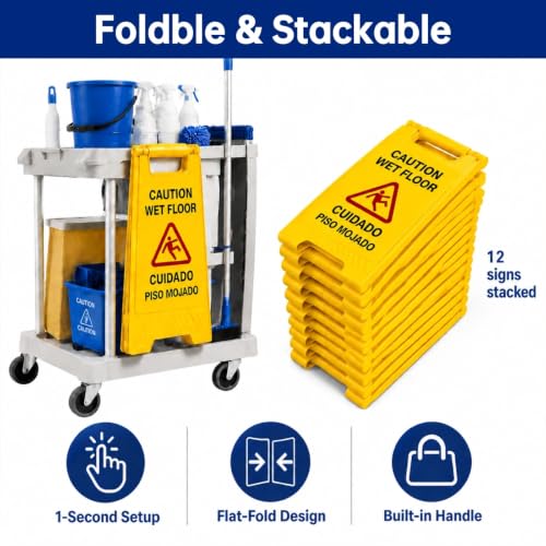 Chasesun 24 Inches Caution Wet Floor Sign - 12 Pack Double Sided, Bilingual Warning Floor Signs for Commercial Use, Foldable A-Frame Safety Sign for Restaurants, Hotels & Malls