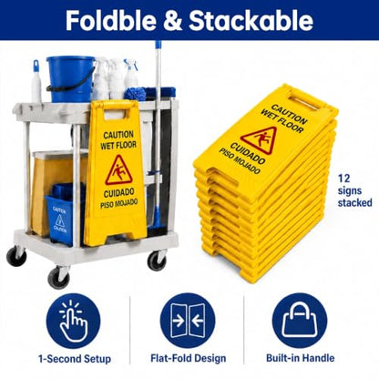 Chasesun 24 Inches Caution Wet Floor Sign - 12 Pack Double Sided, Bilingual Warning Floor Signs for Commercial Use, Foldable A-Frame Safety Sign for Restaurants, Hotels & Malls