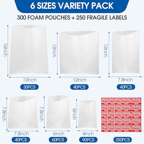 Marspark 550 Pcs Dish Packing Supplies for Moving 300 Cushion Foam Pouches 6 Sizes (4x6", 6x7.8", 7.8x7.8", 7.8x12", 12x12", 12x16") with 250 Fragile Stickers Plate Fragile Shipping Packing Sleeves