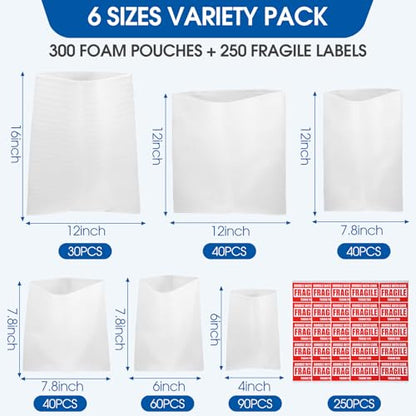 Marspark 550 Pcs Dish Packing Supplies for Moving 300 Cushion Foam Pouches 6 Sizes (4x6", 6x7.8", 7.8x7.8", 7.8x12", 12x12", 12x16") with 250 Fragile Stickers Plate Fragile Shipping Packing Sleeves