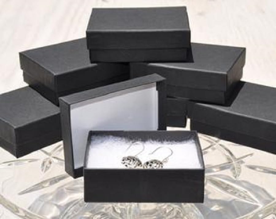 RJ Displays 20 Pack Cotton Filled Matte Black Paper Cardboard Jewelry Gift and Retail Boxes for Pendants, Earrings, Charms, Pocket Watch 3 x 2 x 1 Inch #32 Size