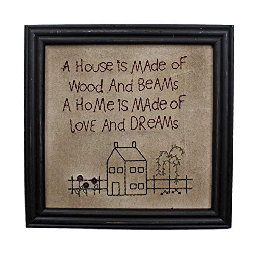 CVHOMEDECO. Primitives Antique A house is made of wood and beams, A home is made of love and dreams Stitchery Frame Wall Mounted Hanging Decor Art, 12 x 12 Inch - color: A house is made of wood and beams, A home is made of love and dreams