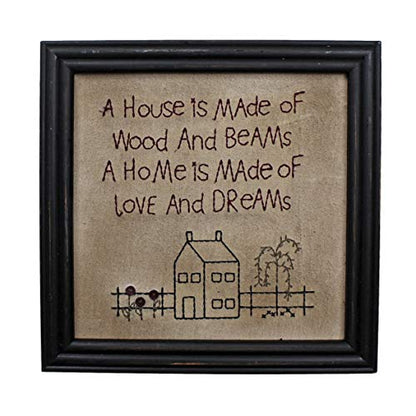 CVHOMEDECO. Primitives Antique A house is made of wood and beams, A home is made of love and dreams Stitchery Frame Wall Mounted Hanging Decor Art, 12 x 12 Inch - color: A house is made of wood and beams, A home is made of love and dreams