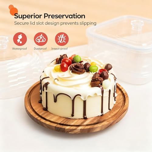 cutesun Cake Stand with Lid, 10.8'' Shatterproof Acrylic Dome (Not Glass), 11.8'' Rotating Acacia Wood Cake Display Stand for Wedding Birthday Party Dessert