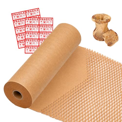 Honeycomb Packing Paper Wrap 15"x128ft Cushioning Packing Material for Moving Dishes Eco-Friendly Wrapping Paper for Glass Moving Protective Paper Bubble Wrap with 20 Fragile Stickers - size: 15" x 128 Ft