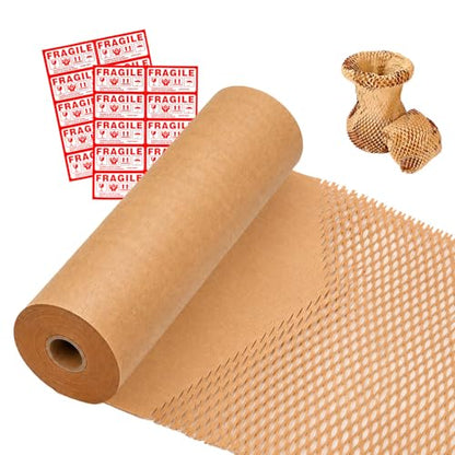 Honeycomb Packing Paper Wrap 15"x128ft Cushioning Packing Material for Moving Dishes Eco-Friendly Wrapping Paper for Glass Moving Protective Paper Bubble Wrap with 20 Fragile Stickers - size: 15" x 128 Ft