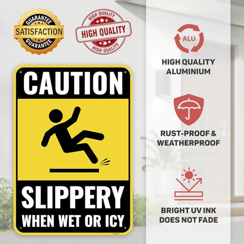 2PC Caution Slippery When Wet Or Icy Sign, 10 x 7 Inches - Aluminum