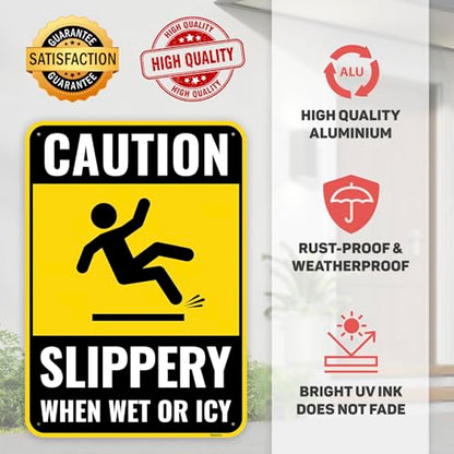 2PC Caution Slippery When Wet Or Icy Sign, 10 x 7 Inches - Aluminum