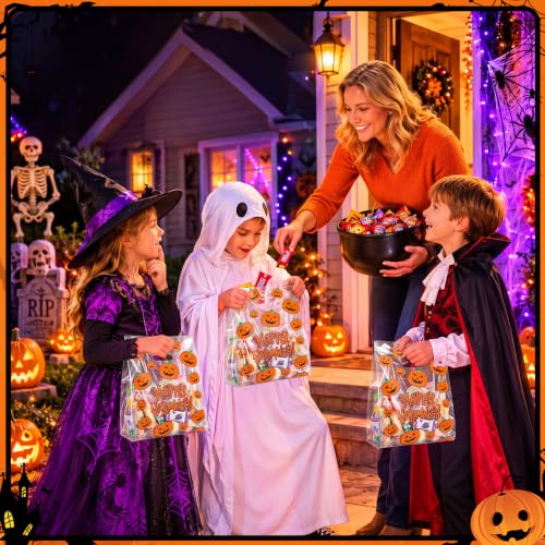 Pasimy 25 Pcs Halloween Bags with Handles, 11.8x7.9'' Clear Pumpkin - style: Pumpkin