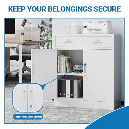 Metal Storage Cabinet, 36" Locking Cabinet with 2 Drawers & Shelves - color: White, size: 36"H×32"W×16"D-2Drawer