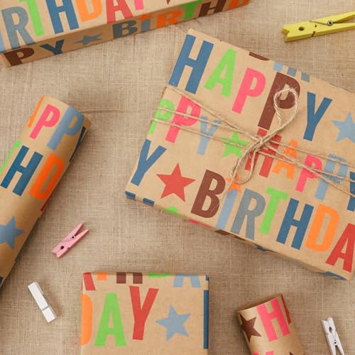 LaRibbons Birthday Wrapping Paper Mini Roll, Kraft Happy Birthday Text - color: Kraft Birthday, size: 17 Inch X 16 Feet