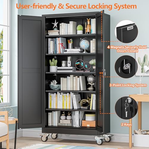 pozdeg 73.6" Black Lockable Rolling Metal Garage Storage Cabinet - color: Black, size: 17.7"D x 35.4"W x 73.6"H