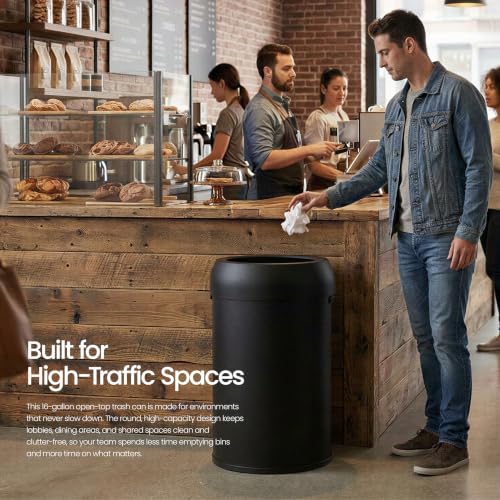 Home Zone Living 16 Gallon Commercial Trash Can with Removable Open Top Lid - color: Matte Black, size: Round