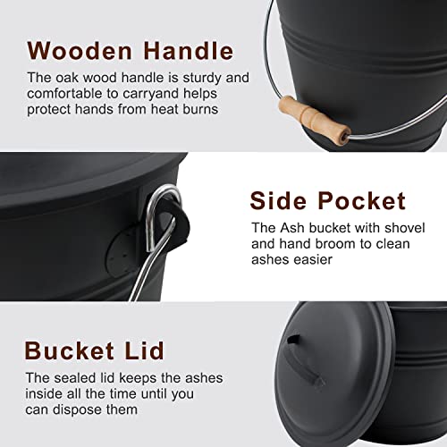 Poofzy Ash Bucket for Fireplace, 1.3 Gallon Ash Bucket with lid for Wood Stove, Includes Shovel, Broom and Gloves Indoor & Outdoor - size: 1.3 Gallon (Black)