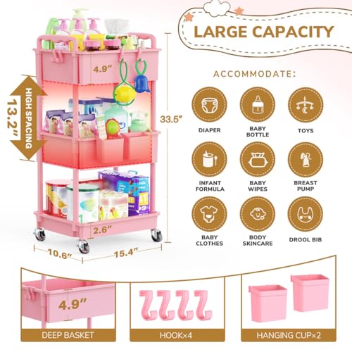 Goovilla Diaper Cart with Lockable Wheels and Easy Assembly, 3 Tier Pink - color: Pink