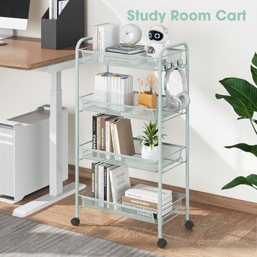 TOOLF 4 Tier Rolling Cart, Metal Utility Storage Cart with Wheels, Green - color: Green, size: 4-Tier