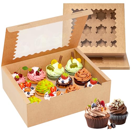 RYDDOY 4 Pack Brown Cupcake Boxes, Hold 12 Count Cupcake, Cupcake Carriers - color: Brown