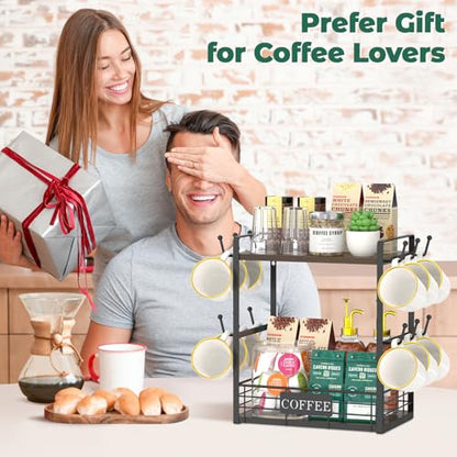 EsLuker.ly Coffee Mug Cup Holder Tree Bar Station Organizer, 2 Tier Brown - color: Brown + Black