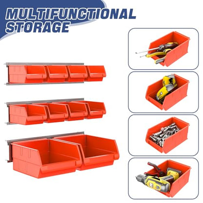 WALMANN Wall Mount Storage Bins for Small Parts, 10 Bins with 3 Metal Rails - color: Orange-red