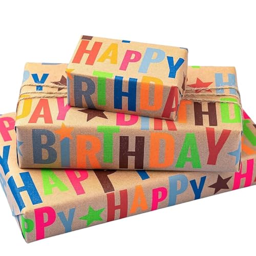 LaRibbons Birthday Wrapping Paper Mini Roll, Kraft Happy Birthday Text - color: Kraft Birthday, size: 17 Inch X 16 Feet