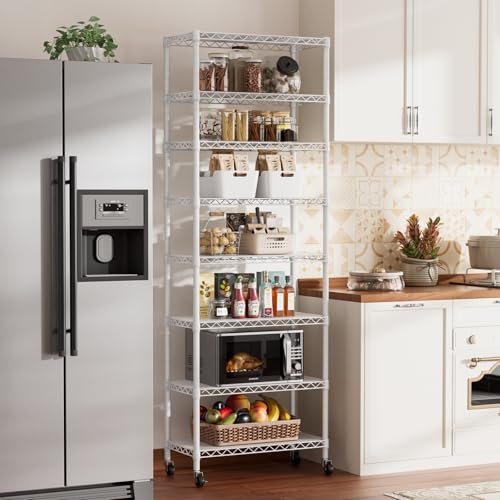 SINGAYE 8 Shelves Storage Wire Shelf Closet Metal Shelving Pantry Wheels - color: White, size: 8Tier/12"D X 22"W X 74"H