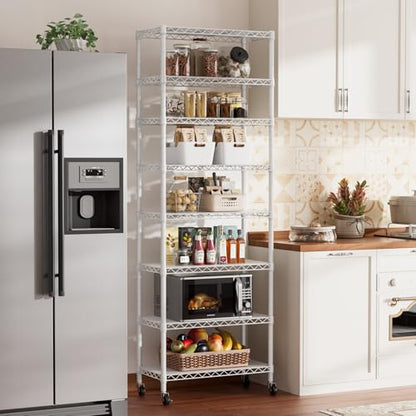 SINGAYE 8 Shelves Storage Wire Shelf Closet Metal Shelving Pantry Wheels - color: White, size: 8Tier/12"D X 22"W X 74"H