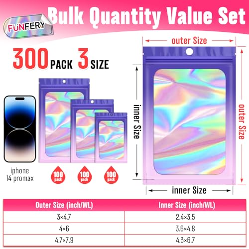 Funfery 300 Pack 3Size Mylar Holographic Bags with Clear Window,Purple Pink - color: Purple Pink, size: 3x4.7+4x6+4.7x7.9 Inch