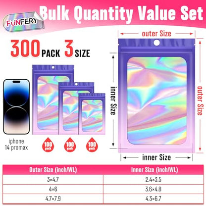 Funfery 300 Pack 3Size Mylar Holographic Bags with Clear Window,Purple Pink - color: Purple Pink, size: 3x4.7+4x6+4.7x7.9 Inch