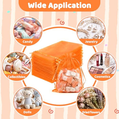 FUNFERY 100Pcs Orange Organza Bags 5x7 in,Small Mesh Drawstring Gift Bag - color: Classic Orange