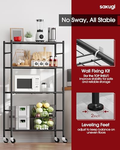 Sakugi 4-Tier Storage Shelves 33.1" x12.6" x58.9" Black with Wheels - color: Black, size: 33.1W x 12.6D x 58.9H(4T)