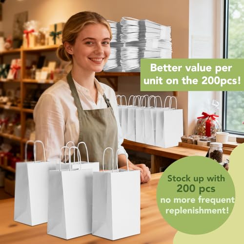 MESHA 200Pcs White Gift Bags 5.25x3.75x8 Small Paper Bags with Handles Bulk - color: White 5.25x3.75x8 Inch, size: 1 count (Pack of 200)