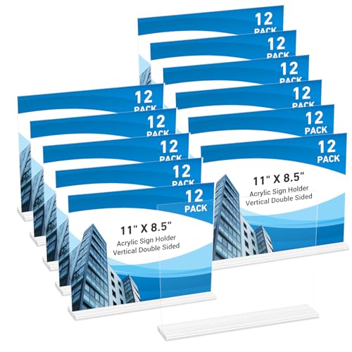 12 Pack Acrylic Sign Holder 11 x 8.5 Horizontal, Double-Sided Clear Sign Holder Plastic Stands for Display, T Shape Acrylic Table Sign Stands for Office Store Restaurants Wedding Party Decoration