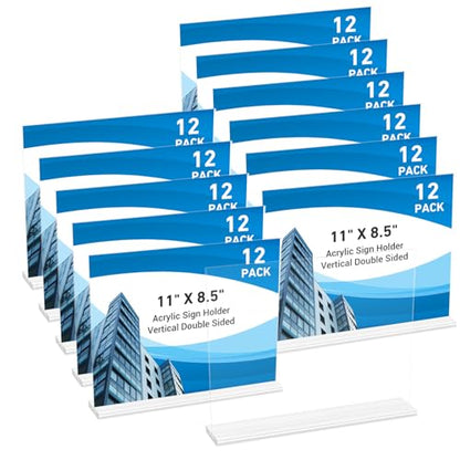 12 Pack Acrylic Sign Holder 11 x 8.5 Horizontal, Double-Sided Clear Sign Holder Plastic Stands for Display, T Shape Acrylic Table Sign Stands for Office Store Restaurants Wedding Party Decoration