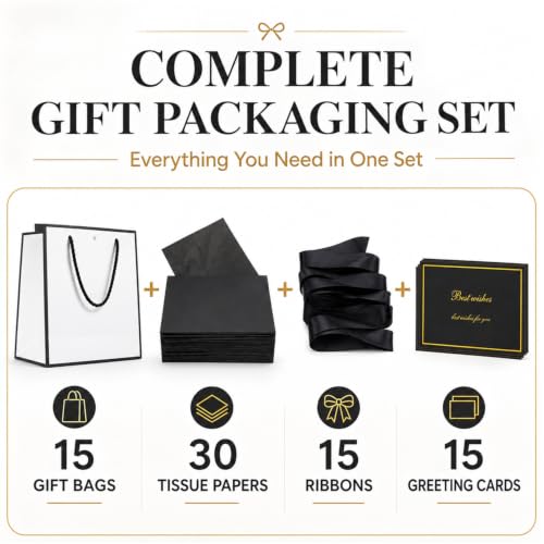 15 Pack White Gift Bags Set with Tissue Paper Ribbon Card for Wedding Party - color: White,Black