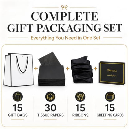 15 Pack White Gift Bags Set with Tissue Paper Ribbon Card for Wedding Party - color: White,Black