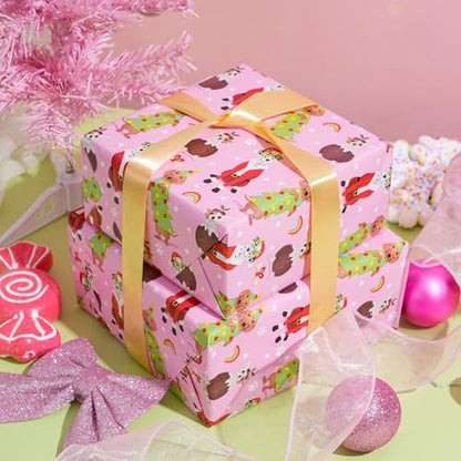 ZINTBIAL Dog Christmas Reversible Wrapping Paper Roll - Gift Wrap with Pink Polka Dots on Reverse - Perfect for Holidays, Pet Lovers & Christmas Gifting - 17.5 in x 33 ft (48 sq. ft) - color: Pink-Christmas
