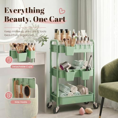 3 Tier Rolling Storage Cart Metal with Wheels,Sage Green Diaper Caddy Carts - color: Sage Green, size: 3 Tier + Cups + Hooks