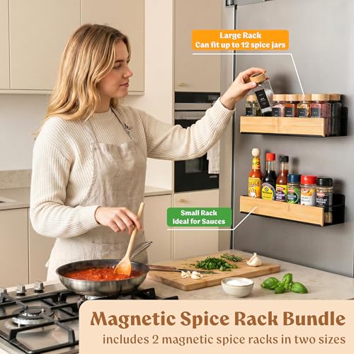 EDELHAUS Magnetic Spice Rack for Fridge with 24 Bamboo Lid Jars