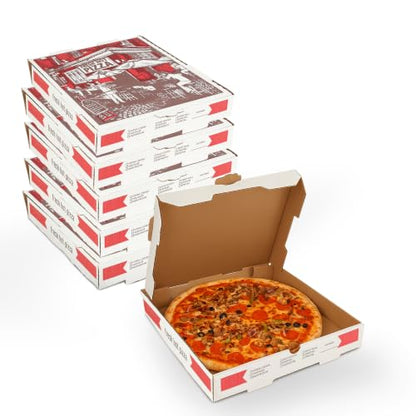 MT Products 10" Length x 10" Width x 1.75" Depth Corrugated White-Red B-Flute Cardboard Pizza Box Keeps Pizza Fresh (5 Pieces) - color: White-Red